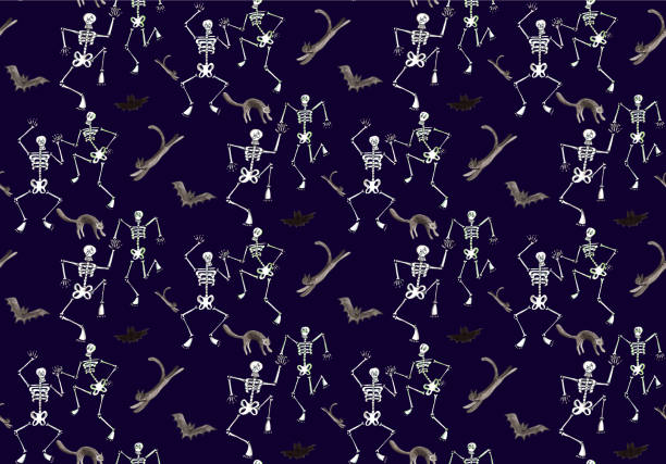 ilustrações, clipart, desenhos animados e ícones de teste padrão sem emenda de halloween da aguarela. dança de esqueleto engraçada com gatos e bastões. - animal skeleton illustrations