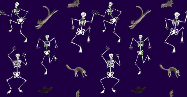 ilustrações, clipart, desenhos animados e ícones de teste padrão sem emenda de halloween da aguarela. dança de esqueleto engraçada com gatos e bastões. - animal skeleton illustrations