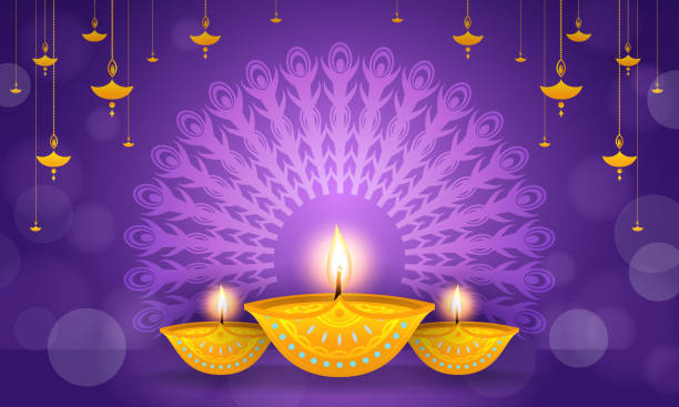 illustrations, cliparts, dessins animés et icônes de happy diwali background vector illustration. beautiful diya (oil lamp) on purple bokeh background - diya