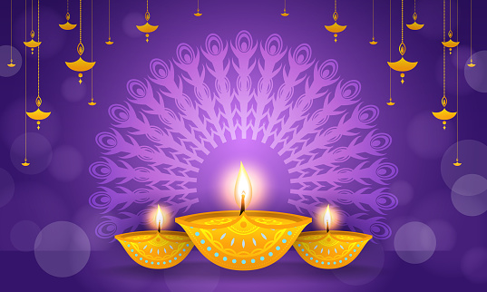 Happy Diwali Background vector illustration. Beautiful Diya (oil lamp) on purple bokeh background