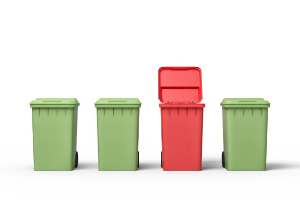 istock 3d rendering of three green and one open red trash bins 1182845458