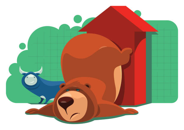 ilustrações, clipart, desenhos animados e ícones de urso tired que inclina-se no sinal da seta - bear market finance business cartoon