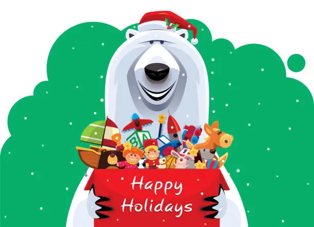 Vector illustration of happy polar bear holding carton of toys