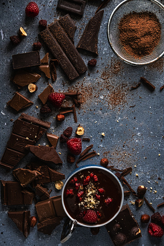 Top view of different chocolate and raspberry. Beautiful background or wallpaper