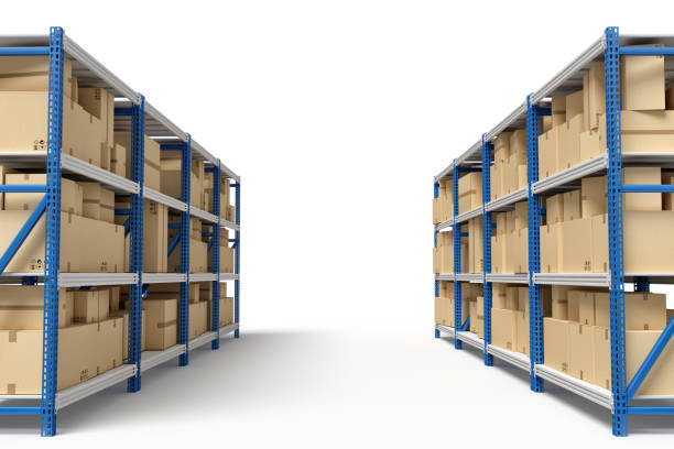 representación en 3d de dos estantes de metal azul plateado con cajas de cartón - storage compartment garage storage room warehouse fotografías e imágenes de stock