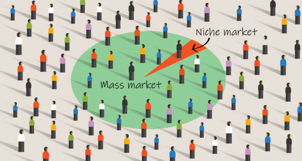 ilustrações, clipart, desenhos animados e ícones de nicho de mercado. conceito de seleção de destino específico em vez de massa de todos os segmentos em estratégia de marketing - targeted customer searching crowd