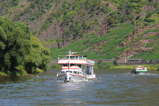 Barge and Steamboat on Mosel River (Germany)