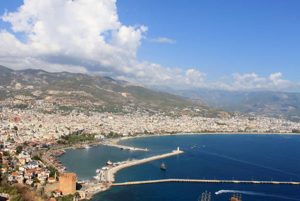 Alagna is a seaside Turkish city that views from above Alanya - seaside Turkish city view from a height, attractions alagna stock pictures, royalty-free photos & images