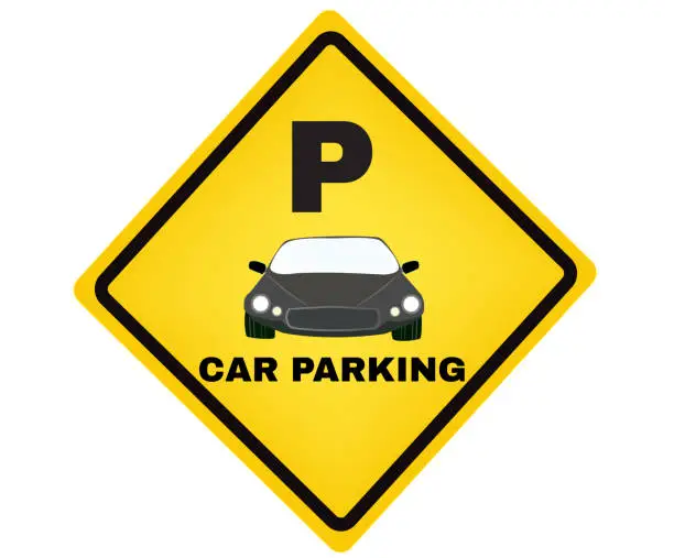 Vector illustration of Yellow parking sign board with message Car Parking. beware and careful Sign, Accident Prevention signs, warning symbol, road sign and traffic symbol design concept, vector illustration.