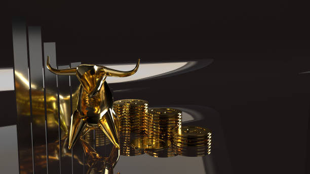 istock golden bull and gold coins  3d rendering for business content. 1182860128