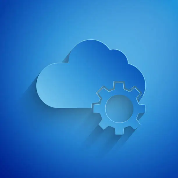 Vector illustration of Paper cut Cloud technology data transfer and storage icon isolated on blue background. Adjusting, service, setting, maintenance, repair, fixing. Paper art style. Vector Illustration