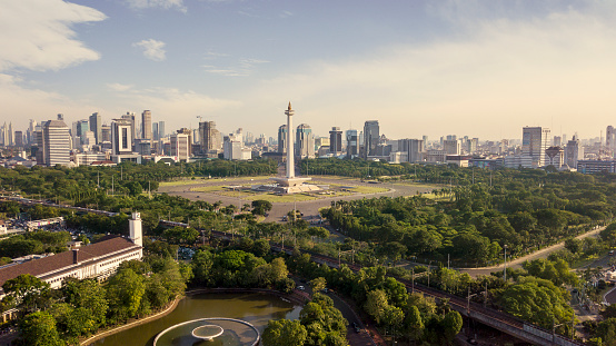 JAKARTA - Indonesia. October 11, 2019: Beautiful aerial view of National Monument at afternoon time with Jakarta cityscape in the background