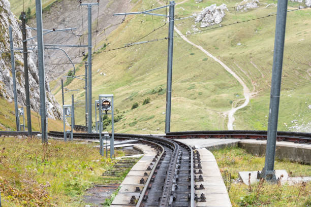 A railway track curves  n the Swiss Alps.