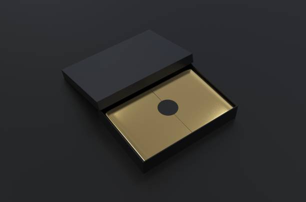 istock Black Box with gold wrapping paper and black label sticker, mock up template on black background, 3d illustration 1182863721