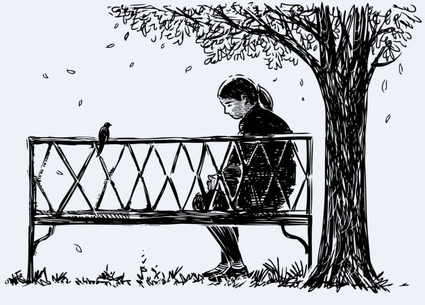 skizze von jungen städtern, die auf einer parkbank sitzen und traurigkeit - bench park park bench silhouette stock-grafiken, -clipart, -cartoons und -symbole