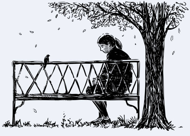 illustrations, cliparts, dessins animés et icônes de croquis des jeunes citadins s'asseyant sur un banc de parc et tristesse - bench park park bench silhouette