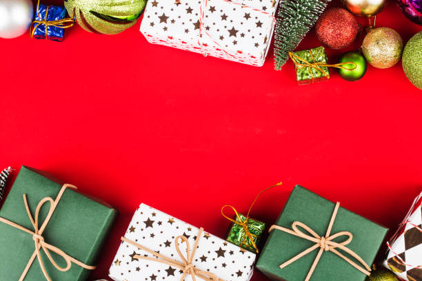 istock Christmas background with gift boxes,  Preparation for holidays. Top view with copy space. 1182865396
