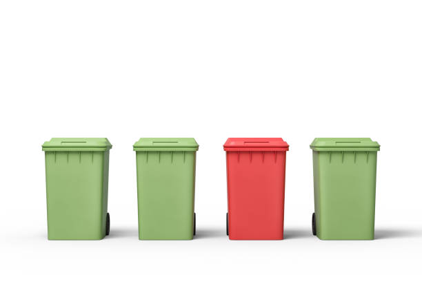istock 3d rendering of three green and one red trash bins 1182866435