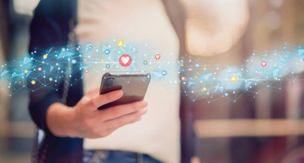 Social media and digital online concept, woman using smartphone and show technology icon. Social media and digital online concept, woman using smartphone and show technology icon. customer engagement photos stock pictures, royalty-free photos & images