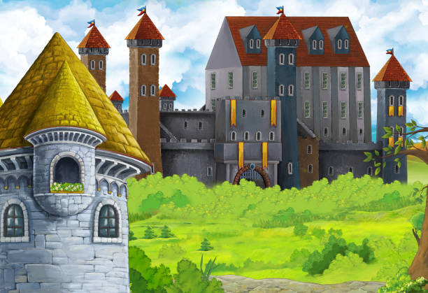 istock Cartoon nature scene with beautiful castle near the forest 1182872212