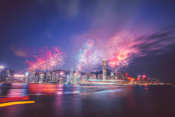 istock Firework show on Victoria Harbor, Hong Kong 1182873952