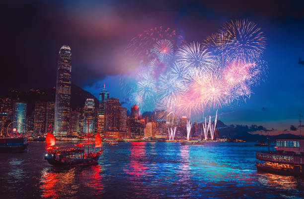 Firework show on Victoria Harbor, Hong Kong stock photo