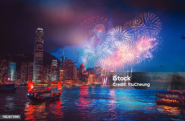 Firework Show On Victoria Harbor Hong Kong Stock Photo - Download Image Now - Hong Kong, Firework Display, Celebration