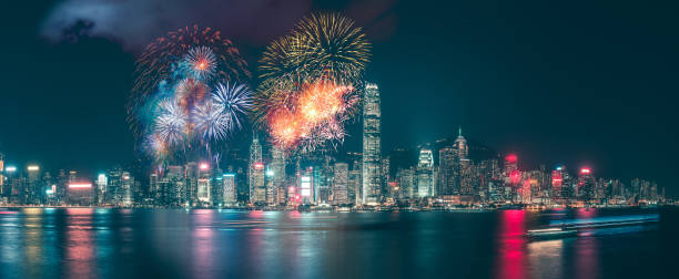 istock Firework show on Victoria Harbor, Hong Kong 1182874013