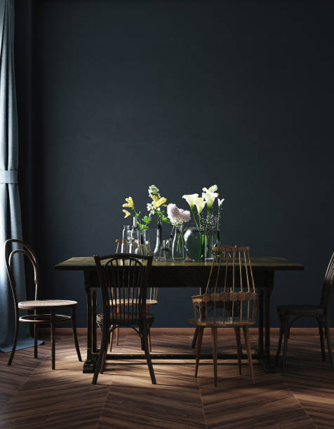 istock Home interior, luxury modern dark living room interior, black empty wall mock up 1182874044