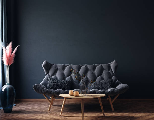 istock Home interior, luxury modern dark living room interior, black empty wall mock up 1182874045