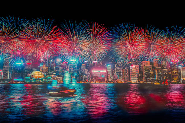 istock Firework show on Victoria Harbor, Hong Kong 1182874375