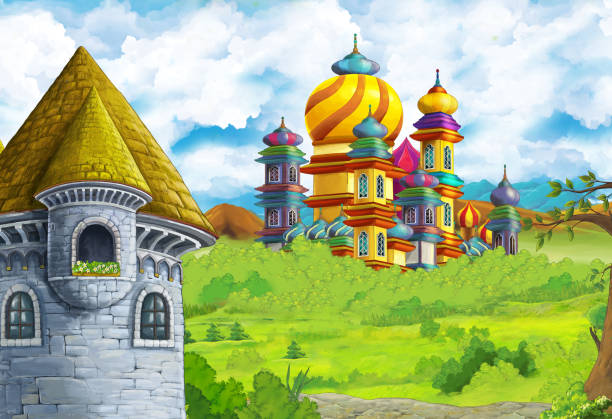 istock Cartoon nature scene with beautiful castle near the forest 1182874569