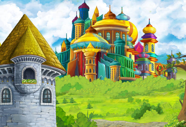istock Cartoon nature scene with beautiful castle near the forest 1182874698