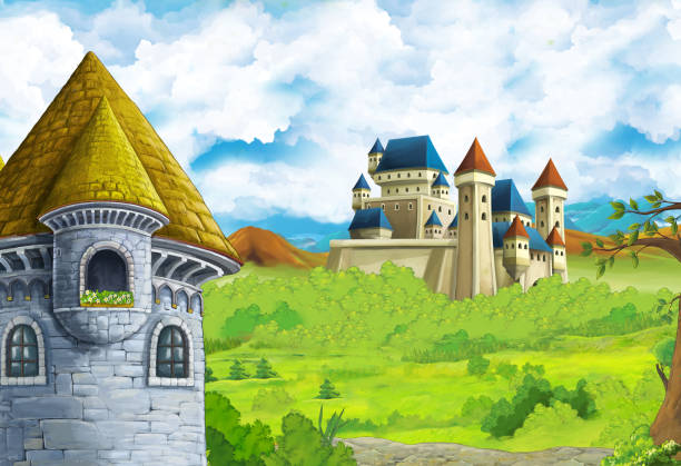 istock Cartoon nature scene with beautiful castle near the forest 1182875269