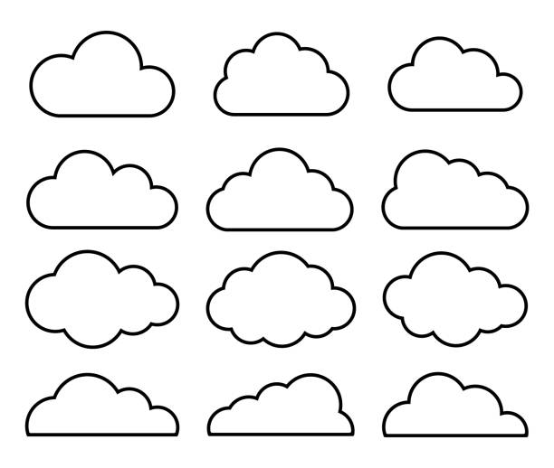 アウトライン漫画フラットスタイルの雲アイコンコレクション。天気予報のロゴシンボル。ベクターの図イメージ。白い背景に隔離されています。 - 雲点のイラスト素材／クリップアート素材／マンガ素材／アイコン素材