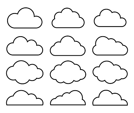 Outline cartoon flat style clouds icon collection. Weather forecast logo symbol. Vector illustration image. Isolated on white background.