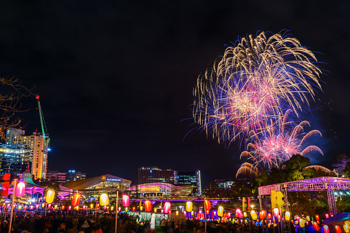 Adelaide, Australia - October 19, 2019: Spectacular fireworks display during Moon Lantern Festival celebration in Elder Park at night