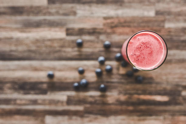 High angle shot of a smoothie on a table
