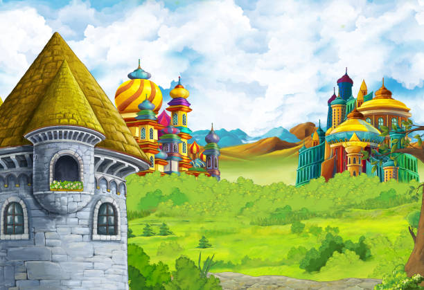 istock Cartoon nature scene with beautiful castle near the forest 1182876922
