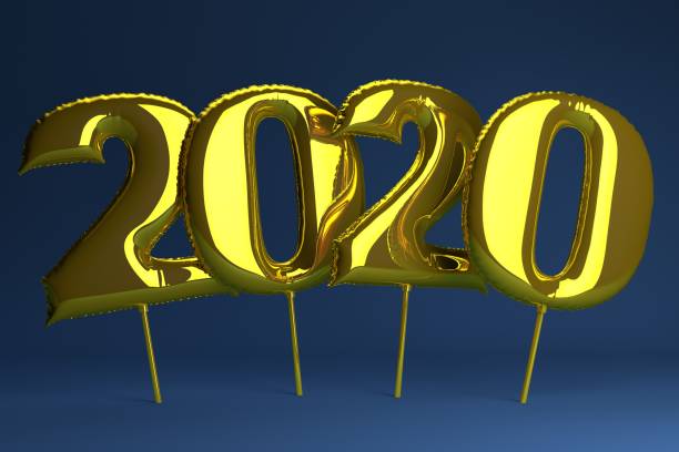 istock Golden inflatable figures 2020 on blue background. Balloons. New Year. 3d render, illustration. 1182878034