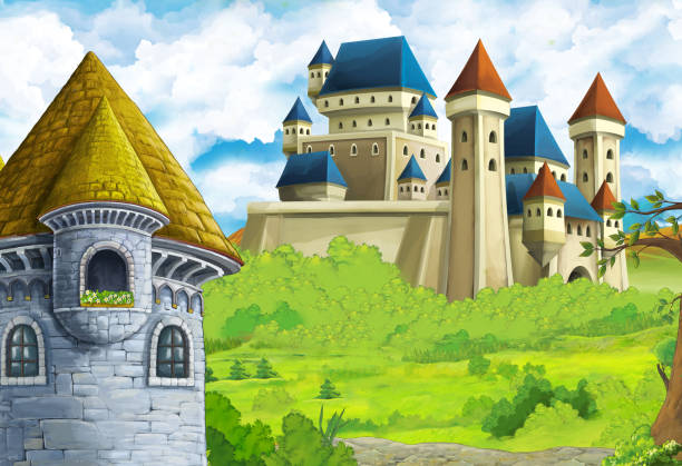 istock Cartoon nature scene with beautiful castle near the forest 1182878036