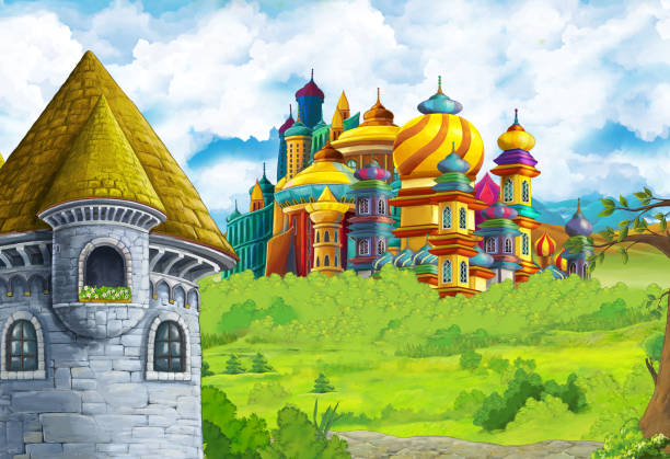 istock Cartoon nature scene with beautiful castle near the forest 1182878254