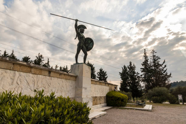 Thermopylae Memorial, Greece Thermopylae, Greece. Memorial monument to King of Sparta Leonidas, the 300 Spartan and the 700 Thespians who fought at the Battle of Thermopylae sparta greece photos stock pictures, royalty-free photos & images