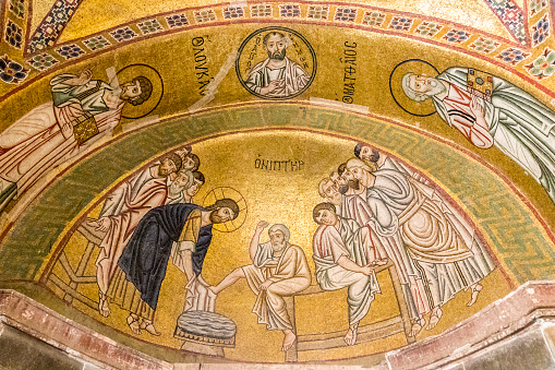 Distomo, Greece. The Maundy or Washing of the Feet mosaic at Hosios Loukas, a historic walled monastery