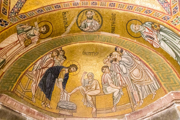 Hosios Loukas monastery, Greece Distomo, Greece. The Maundy or Washing of the Feet mosaic at Hosios Loukas, a historic walled monastery arachova greece stock pictures, royalty-free photos & images