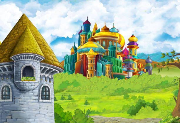 istock Cartoon nature scene with beautiful castle near the forest 1182879980