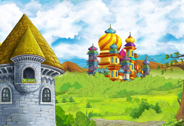 istock Cartoon nature scene with beautiful castle near the forest 1182881252