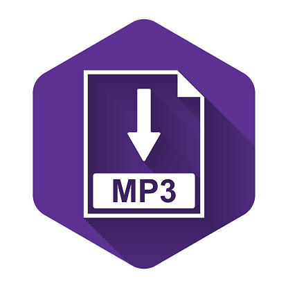 White MP3 file document icon. Download MP3 button icon isolated with long shadow. Purple hexagon button. Vector Illustration