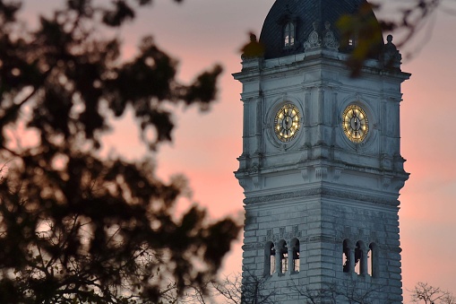 La Plata, Argentina - June 5, 2019: The tower of La Plata City Hall, at sunset