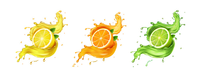 Juice splash lemon, orange, lime set. Citrus splashig fresh collection realistic vector.